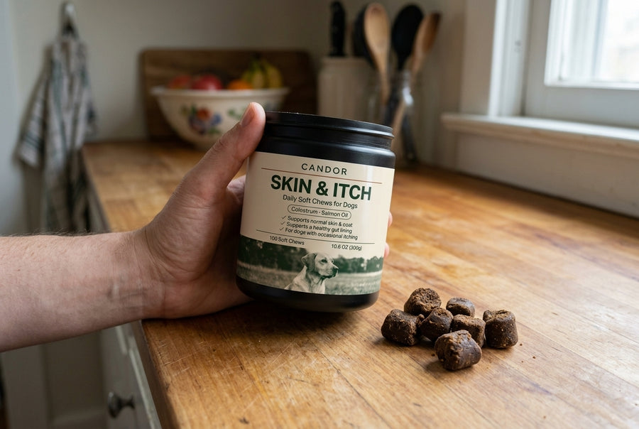 A hand holding the Candor Skin and Itch jar with soft chews